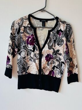 White House Black Market Black Cream Paisley Floral Cardigan size S
